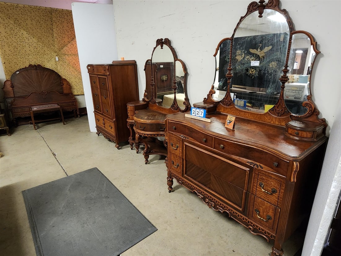 30's 5 Pc Walnut Bed Set - Full Bed 57"H, Dresser 76"H X 51"W X 22"D, Vanity + Bench 67"H X 49"W X (1 of 13)
