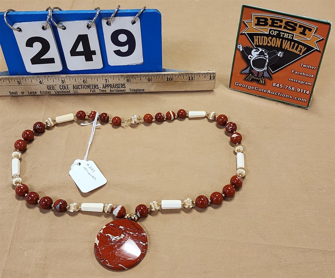Necklace 14K + Marble Bead W/ Marble Pendant 28": Necklace 14K + Marble Bead W/ Marble Pendant 28"