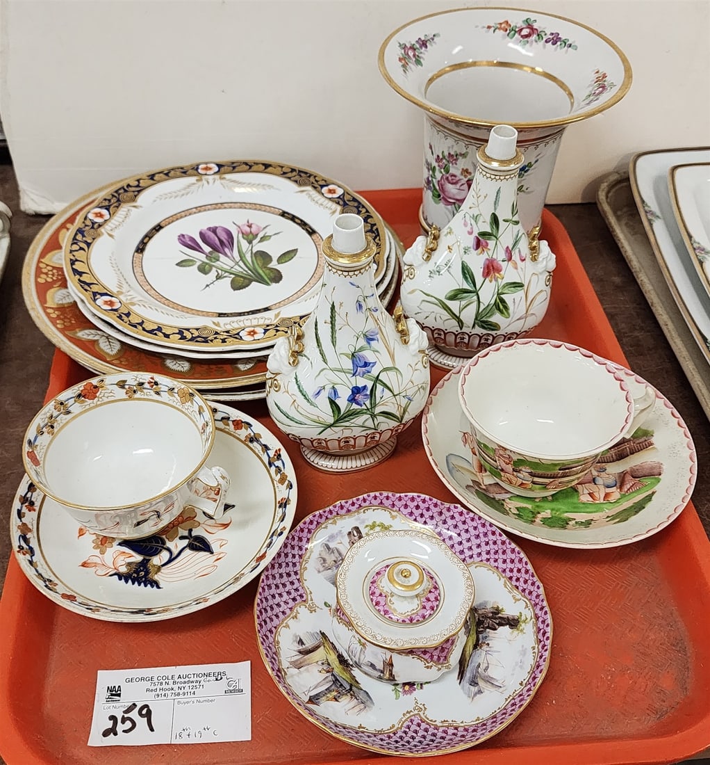 Tray 19th C Pr Plates Fortuna Sequatur (Repaired) 9 3/4" Diam, Pr Floral (1 Staple Repair) 8 1/4" (1 of 7)