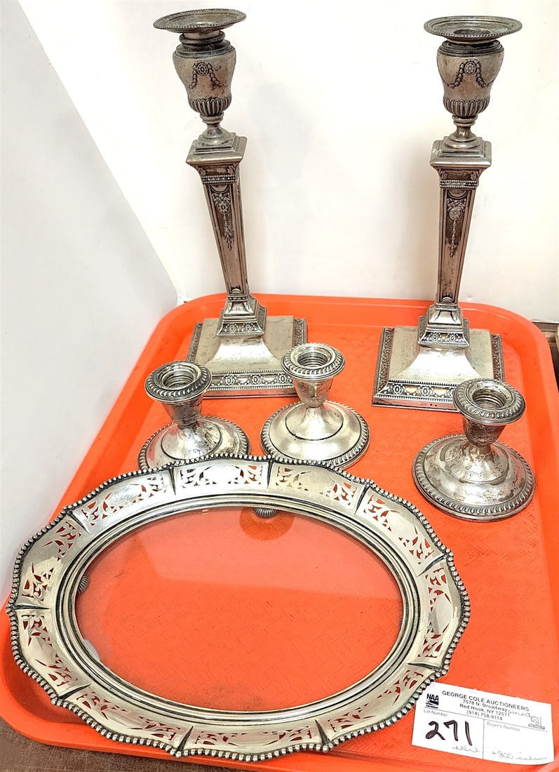 Lot 3 Weighted Sterl Candlesticks, Pr 800 Silver Candlesticks 11" + 800 Silver Mounted Tray 1 1/4"H (1 of 2)