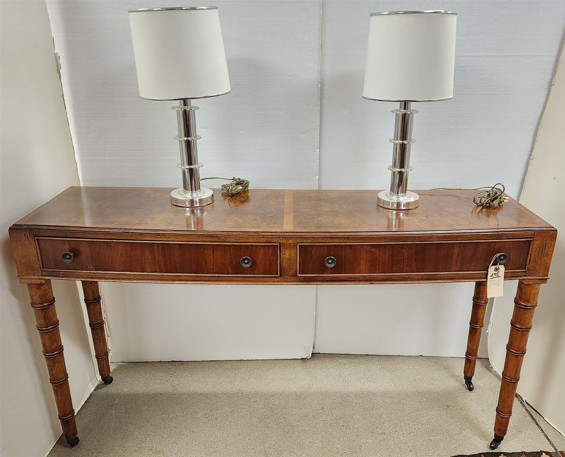 Burl Walnut Hekman 2 Drawer Console Table 31 1/2"H X 58 1/2"W X 16"D W/ Pr Chrome Temps 21 1/2" (1 of 5)