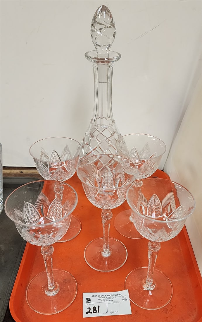 Tray Cut Glass Stemware 7 1/2"ss Decanter 15 1/2" + 5 Cut Stemware 7 1/4" (1 of 2)