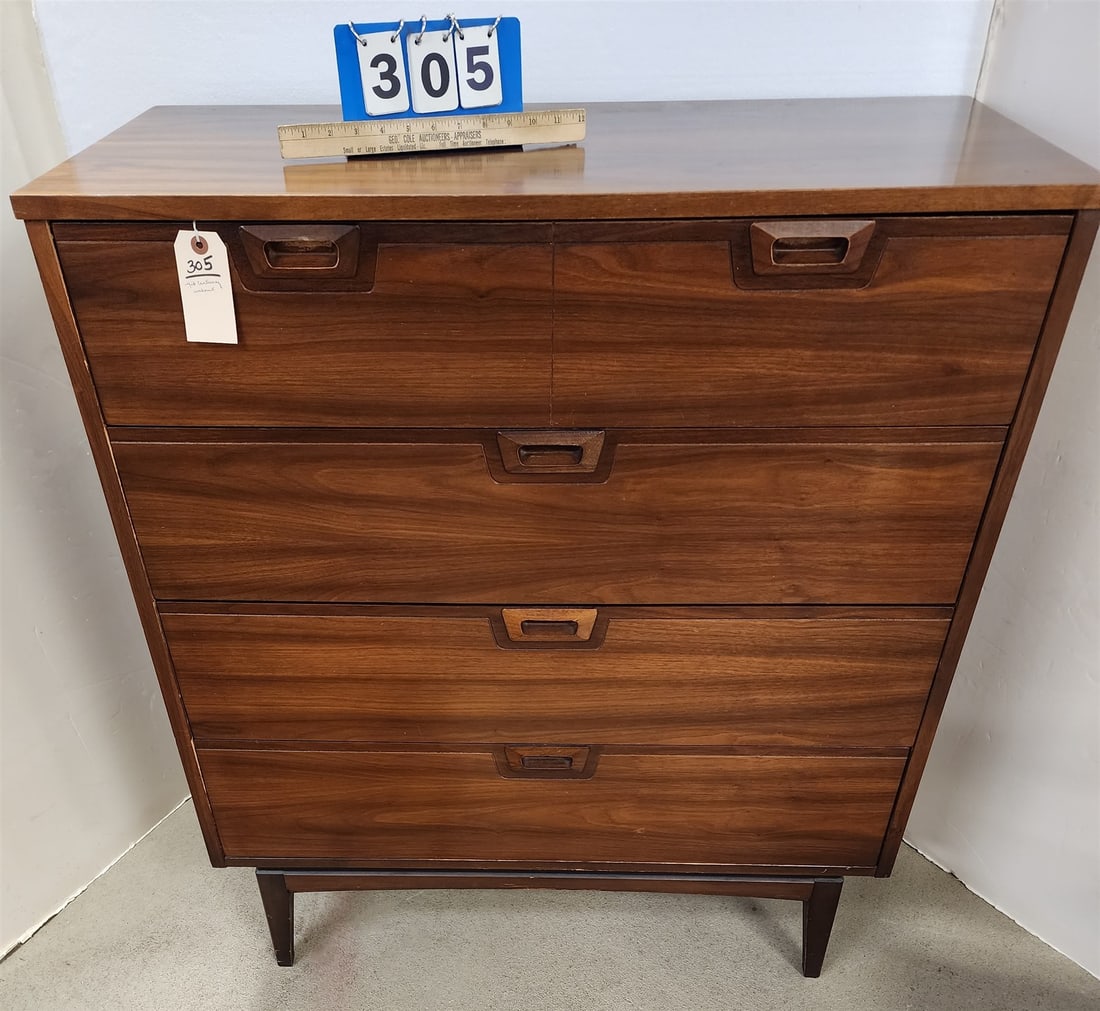 Mid Century Walnut 4 Drawer Chest 43"H X 38"W X 17 1/2"D (1 of 3)