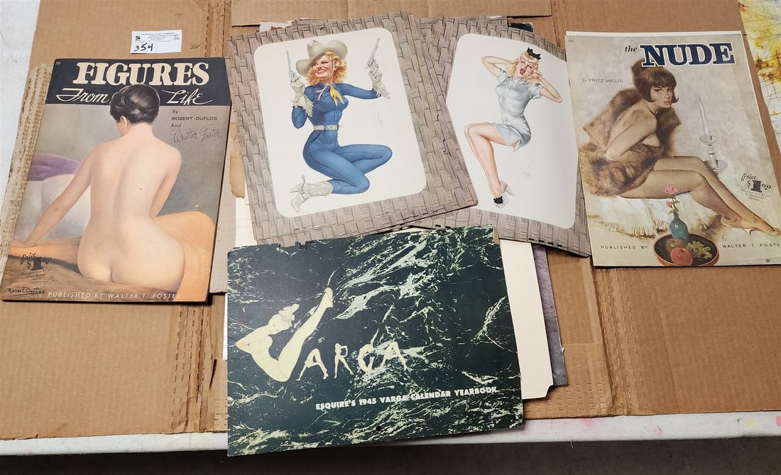 Lot Ephemera- 1945 Esquire's Varga Yearbook Calendar,Earl Moran Pin Ups, "The Nude" By Fritz Willis: Lot Ephemera- 1945 Esquire's Varga Yearbook Calendar,Earl Moran Pin Ups, "The Nude" By Fritz Willis "Figures From Life" By Robert Deflos + Walter Foster Etc