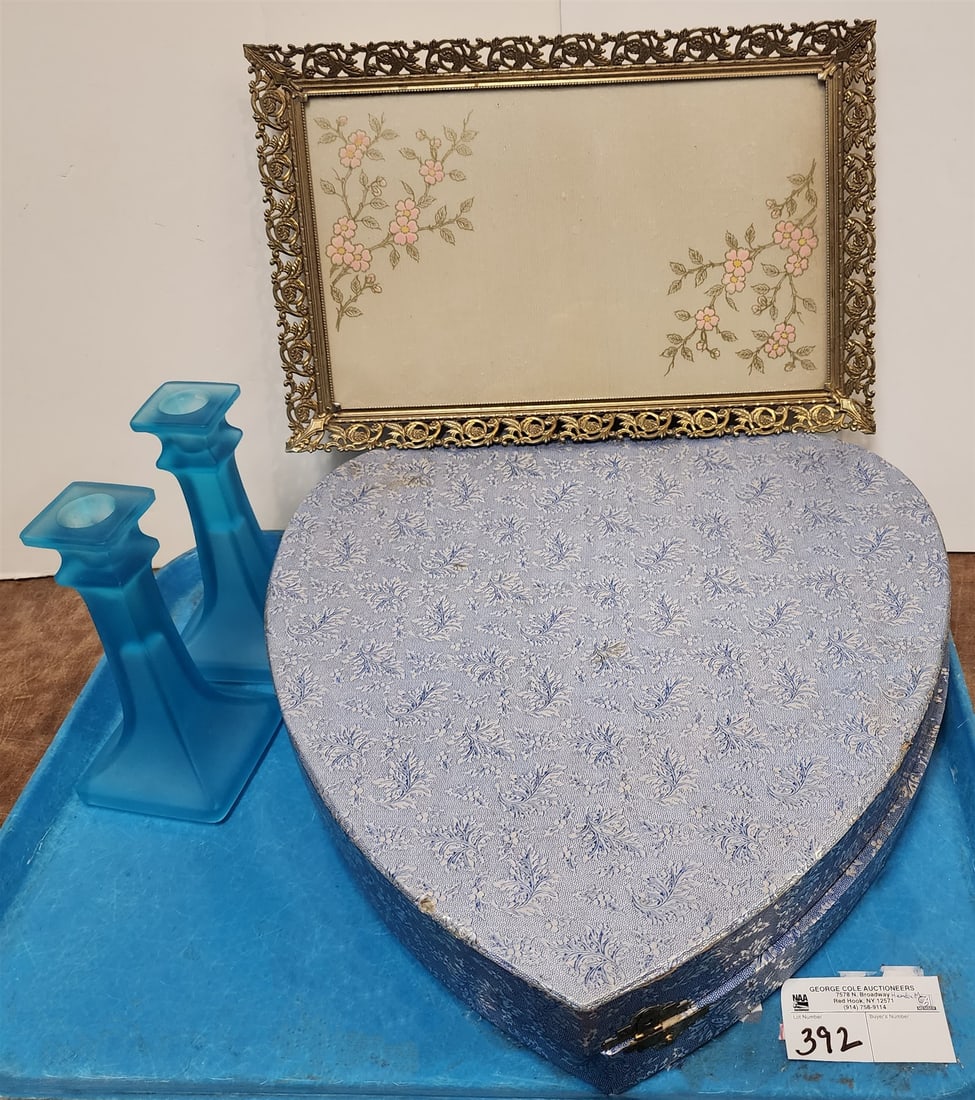 Tray Heart Shaped Bx W/ Complete Dresser Set + Pr Blue Glass Candlesticks (1 of 4)