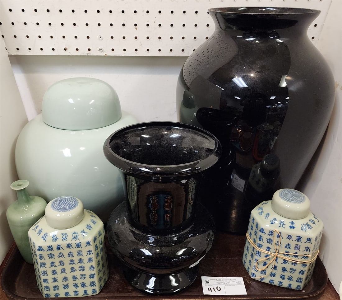 Tray Ginger + Tea Jars 12" + 6 1/2" Glass Vases 17" + 10" (1 of 3)