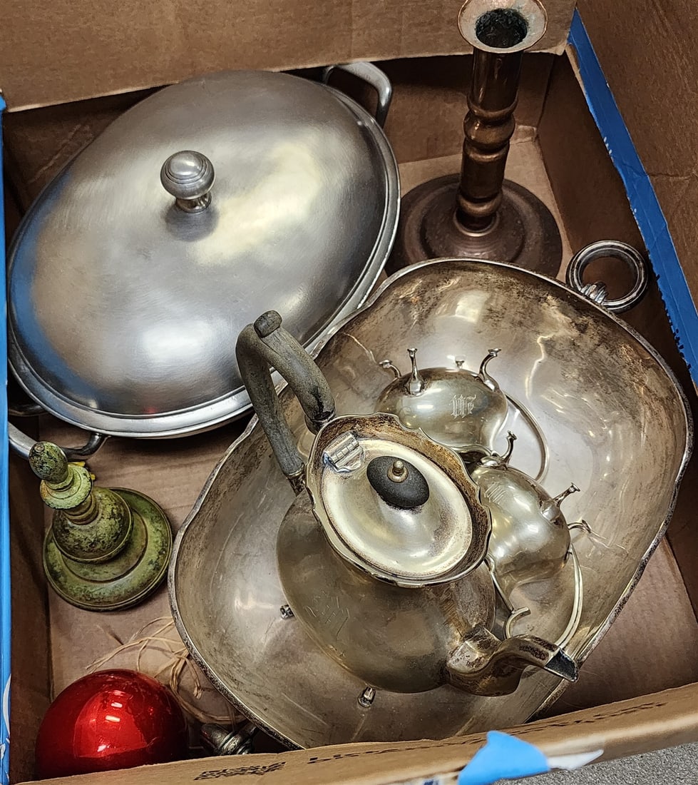 Bx Silverplate Bowl, Pewter  Covered Veg, Copper Candelsticks (1 of 4)