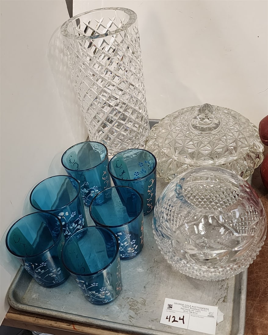 Tray 6 19th C Blue Enamel Dec Tumblers, Cut Glass Vases 10" + 6" Etc: Tray 6 19th C Blue Enamel Dec Tumblers, Cut Glass Vases 10" + 6" Etc