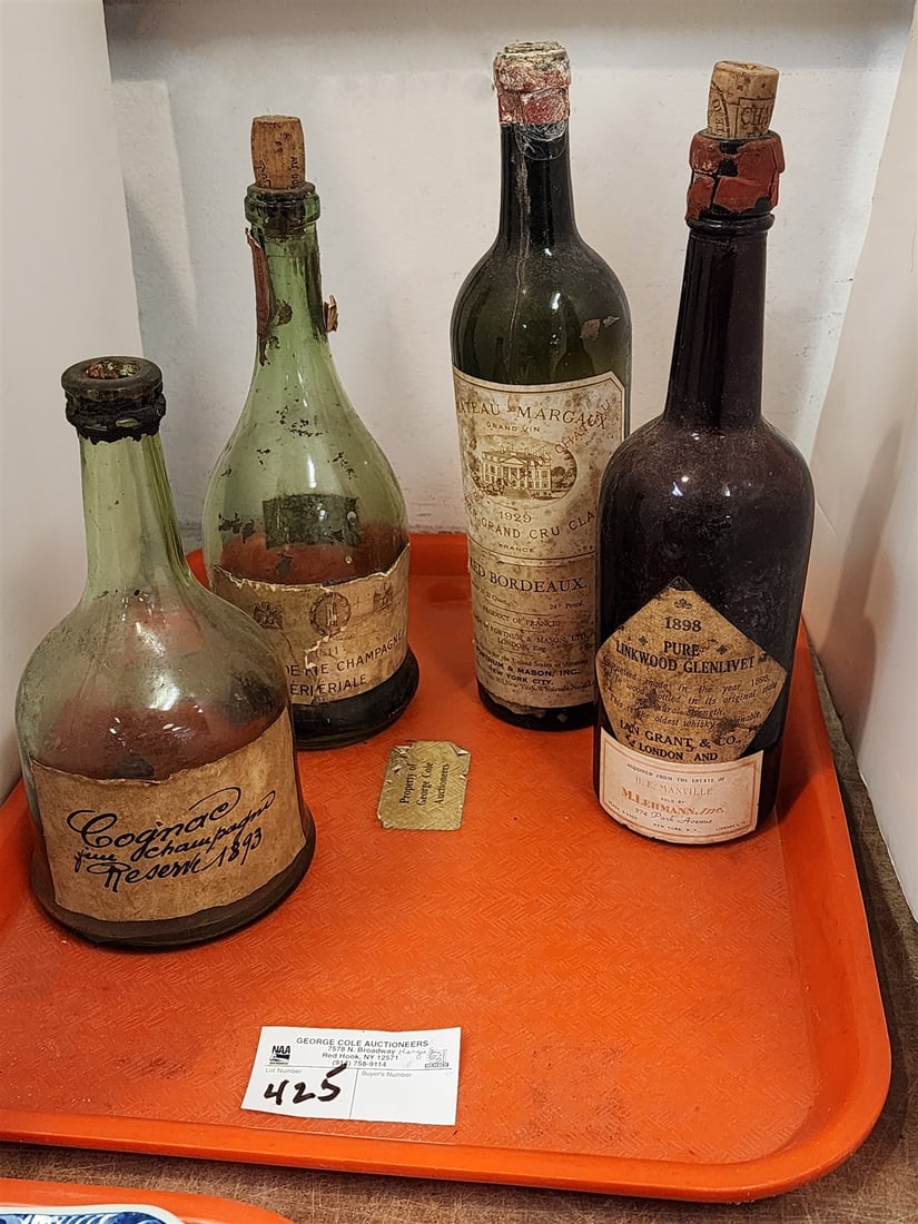 Tray Vintage Wine Bottles 1898 Linkwood Glenlivet, 1929 Chateau Margaux, 1893 Cognac, 1811 Grand Fie: Tray Vintage Wine Bottles 1898 Linkwood Glenlivet, 1929 Chateau Margaux, 1893 Cognac, 1811 Grand Fie Champagne Imperiale