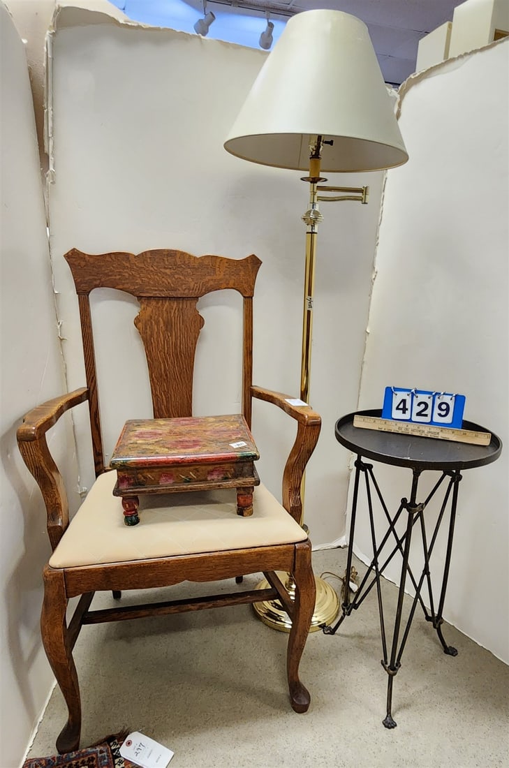 Oak Armchair, Tibetan Foot Stool 6 1/2"H X 12" Sq, Brass Floor Lamp, Metal Side Stand 26"H X 14 1/2" (1 of 2)