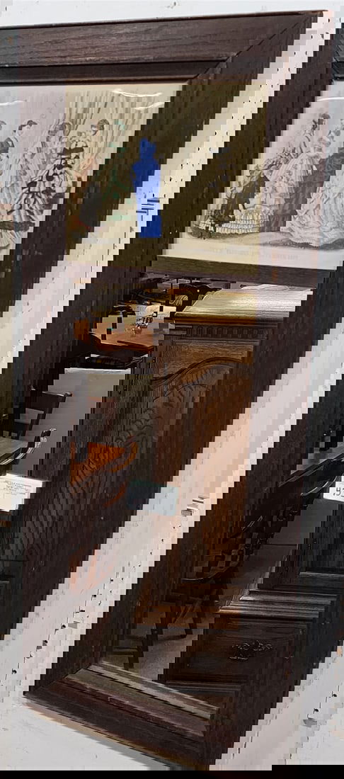 Oak 2 Section Framed Mirror W/ 19th C Fashion Engr 38" X 16" (1 of 2)