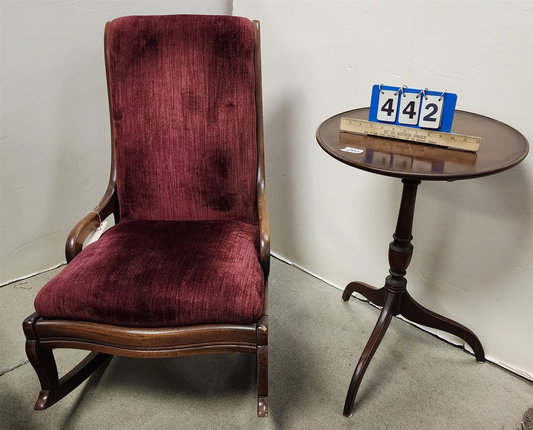 Vict Walnut Rocker + Mahog side Stand 26 1/2"H X 18" Diam (1 of 2)