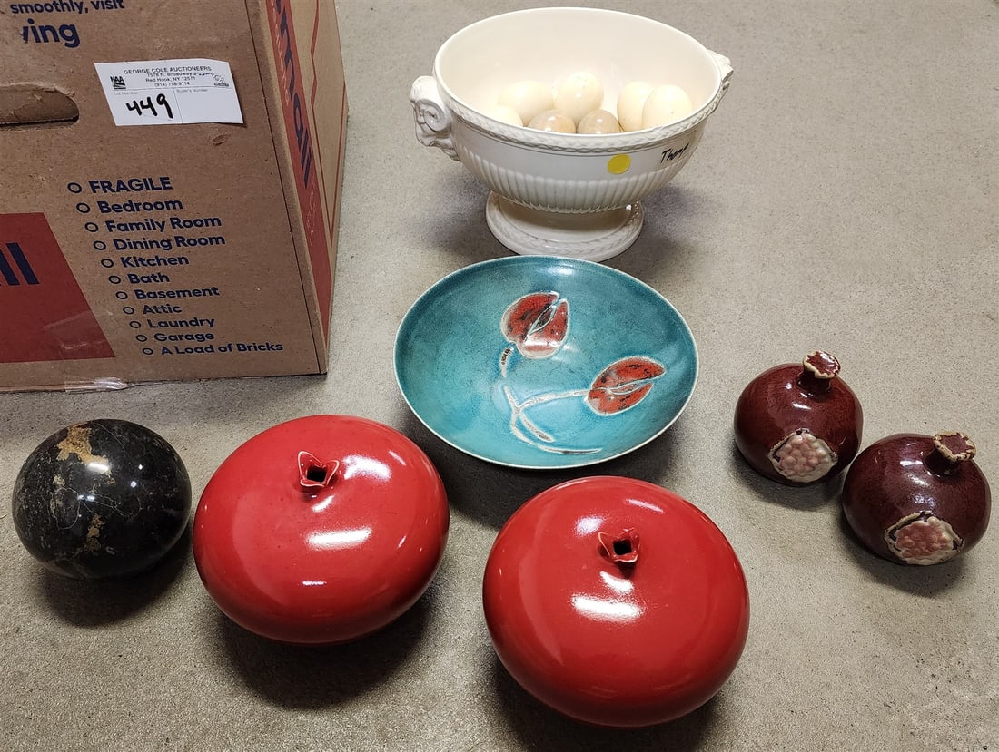 Bx Wedgwood Bowl W/ Marble Eggs, Marble 4" Ball, Raku Pottery Bowl Sgnd Hauua, Persimmon Ceramic Pcs (1 of 1)