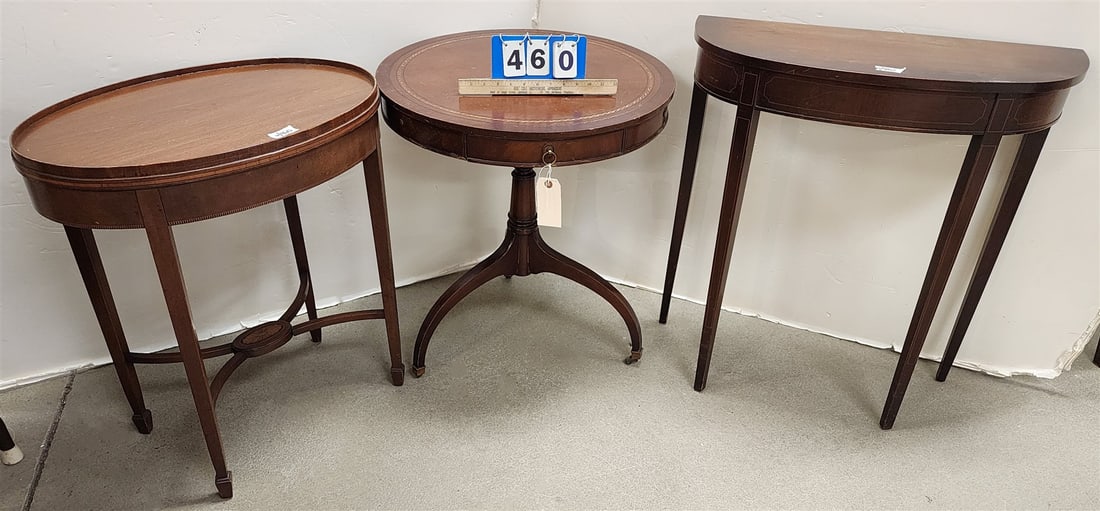 Mahog Oval Stand 27"H X 26 1/2"W X 17 1/2"D, 2 Drawer Drum Table 25 1/2"H X 24" DIAM + Demi Lune (1 of 3)