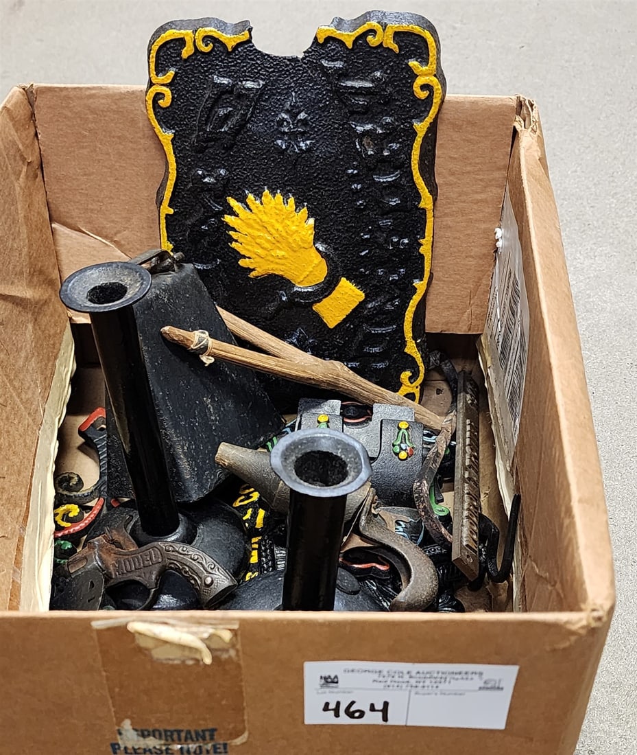 Bx Cast Iron Home Comfort Stove Plagere Trivets, Match Saes, 2 Hog Scraper Candlesticks, Cow Bell, (1 of 6)