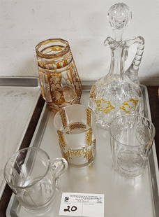 Tray 3 19th C Glasses 1 Dated 1880 W/Etched Cathedral Etched + Cut W/ 3 Bouquets, 1 Pressed +: Tray 3 19th C Glasses 1 Dated 1880 W/Etched Cathedral Etched + Cut W/ 3 Bouquets, 1 Pressed + Bohemian Glass Amber Cut To Clear Vase 6 1/4" + Cut Ewer