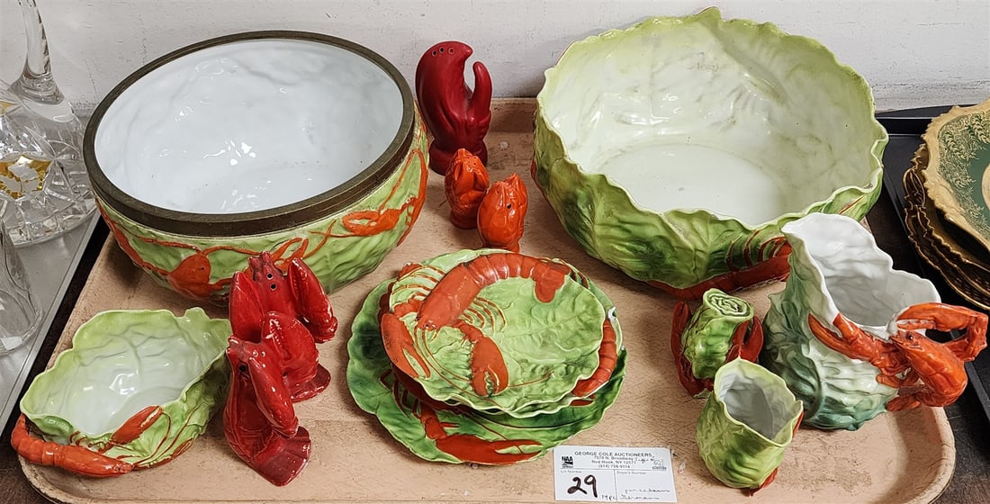 Tray 14 Pc German Lobster Motif- 2 Bowls- 4 1/2"H X 9" Diam, 4"H X 9 1/2" Diam, 3 Creamers, 6 (1 of 3)