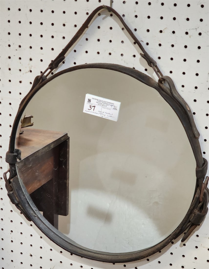 Hand Tacked Leather Latigo Leather Framed Bevelled Mirror Sgnd October 16 1/2" Diam (1 of 3)