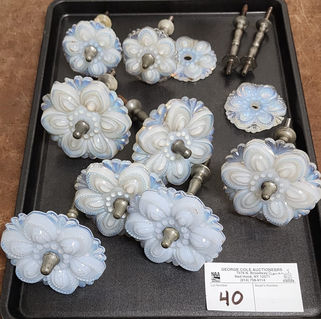 Tray Opalescent Glass Curtain Ties- 61G 3"W X 4 1/2" + 4- 2 1/4"W X 4"L- 2 Finials Missing: Tray Opalescent Glass Curtain Ties- 61G 3"W X 4 1/2" + 4- 2 1/4"W X 4"L- 2 Finials Missing