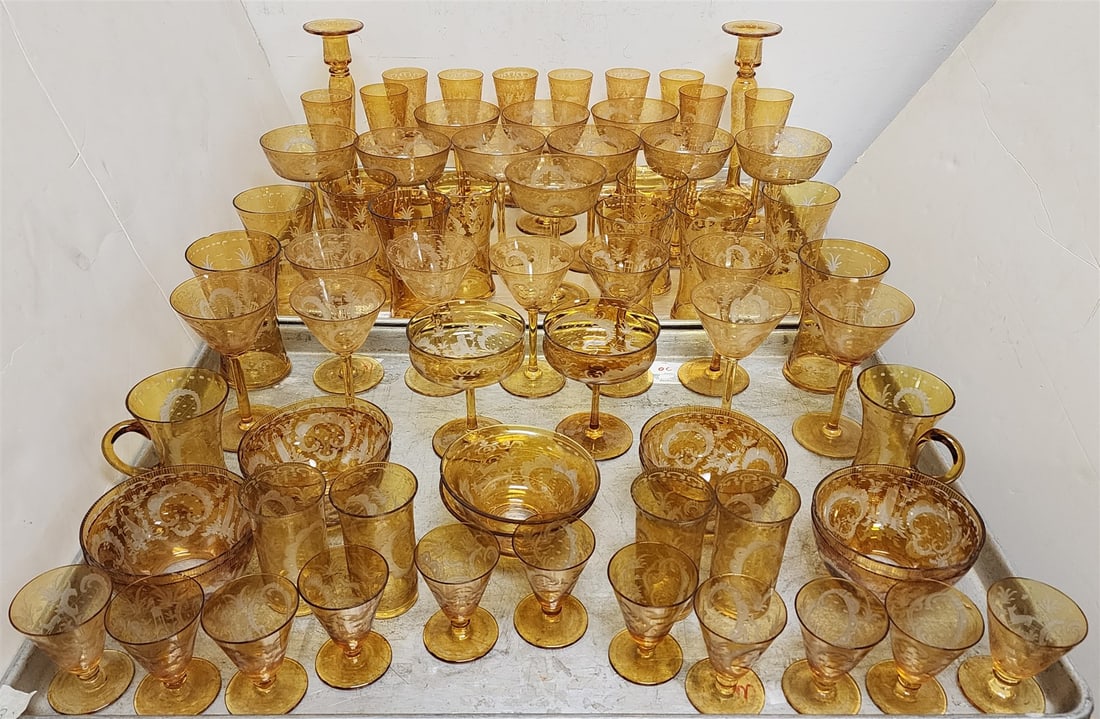 Tray 59 Pc Amber Cut To Clear Stemware Glasses, Pr Candlesticks, Finger Bowls (1 of 3)