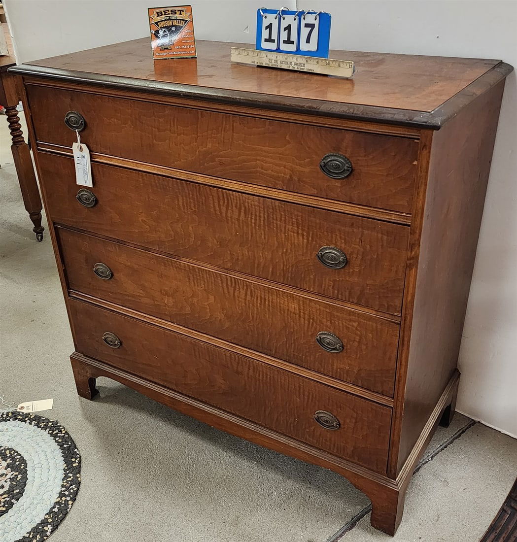 C 1920's Tiger Maple 4 Drawer Chest  36 1/2"H  X 38"W X 18"D (1 of 3)