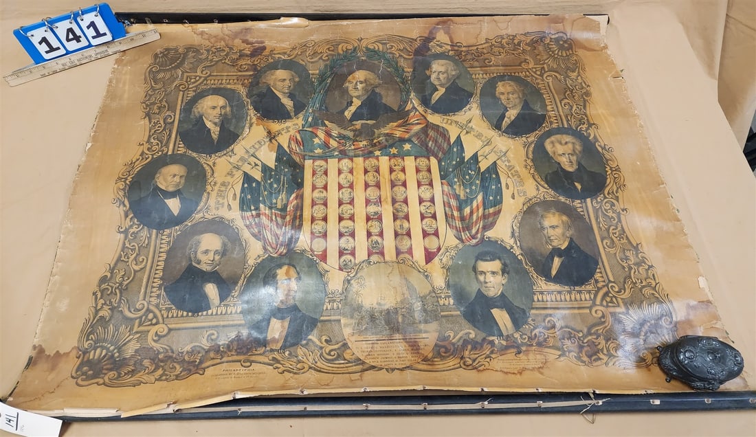 Canvas Scroll W/ Color Litho "The President's Of The US Pub S. Agustus Mitchell Phil 1846 30" X 41": Canvas Scroll W/ Color Litho "The President's Of The US Pub S. Agustus Mitchell Phil 1846 30" X 41"