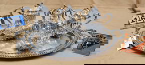 Ball Block + Co NY 4 Pc Coin Silver Tea Set Hallmarked W. F. 82.68 Ozt W/ Silverplate Tray 22 1/4" X