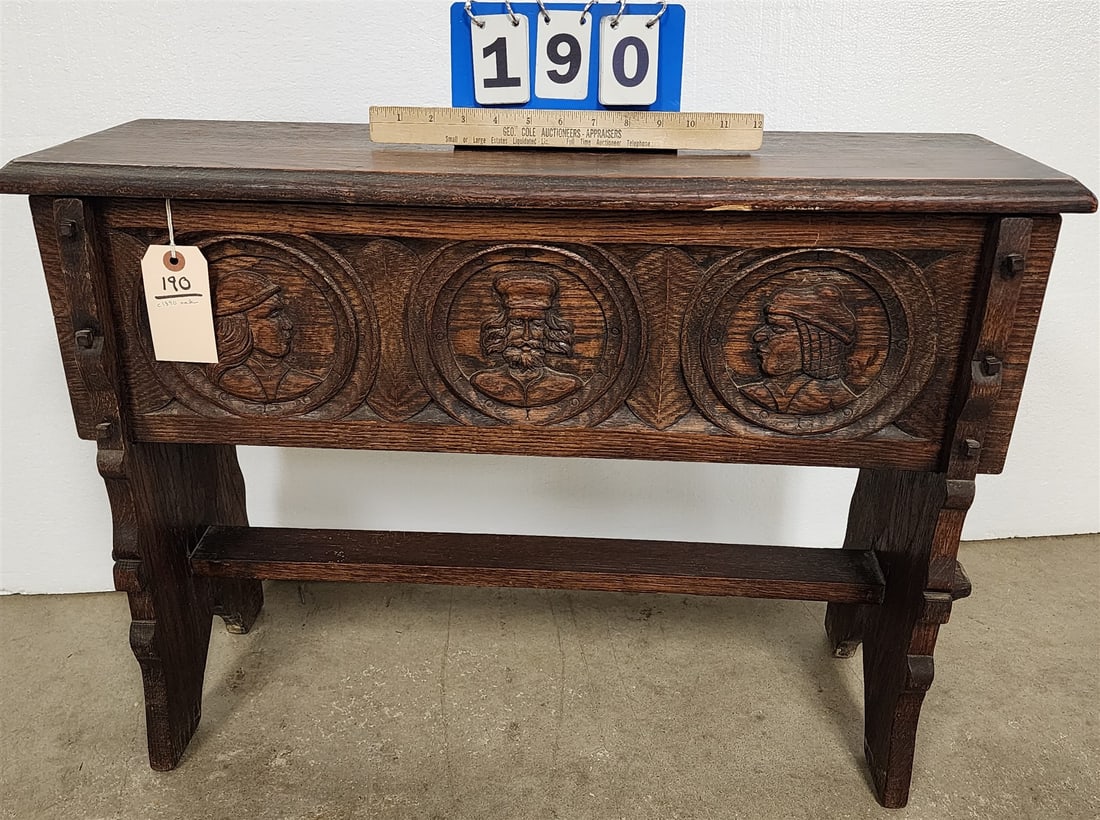 C1899 Carved Oak Lift Top Bench 22"H X 30 1/2"W X 9"D: C1899 Carved Oak Lift Top Bench 22"H X 30 1/2"W X 9"D