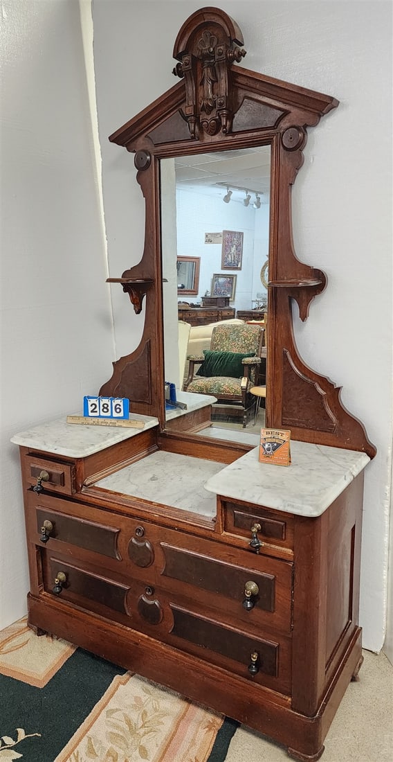 Vict Walnut Marble Top Dresser 4 Drawer 7'H X 45"W X 19"D: Vict Walnut Marble Top Dresser 4 Drawer 7'H X 45"W X 19"D