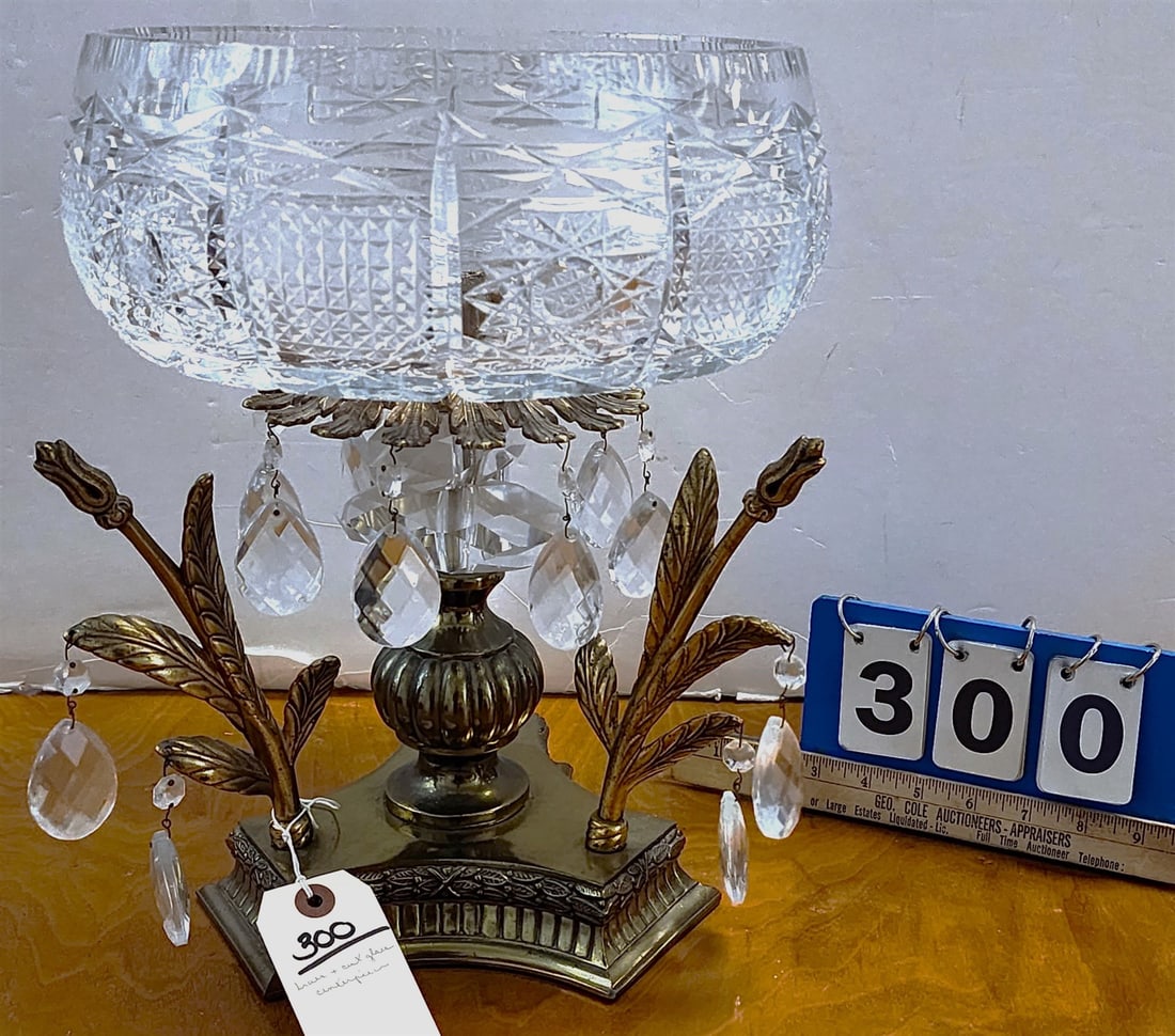 Brass Base Compote Centerpiece W/ Cut Glass Bowl 15"H X 12" Diam (1 of 5)