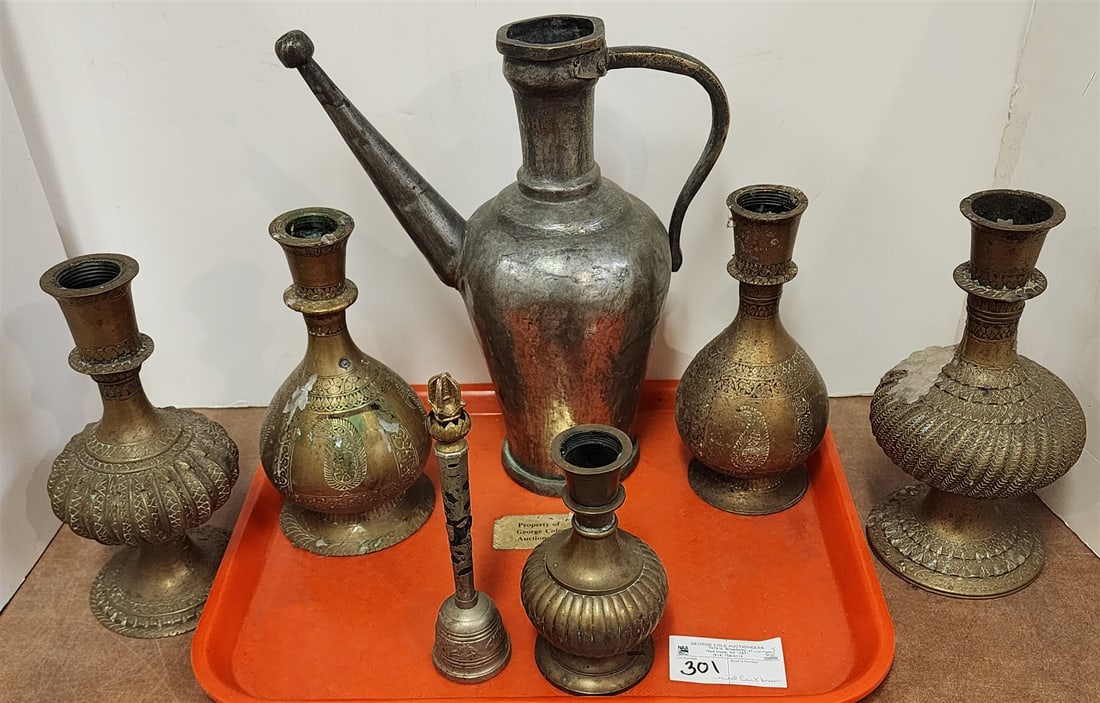 Tray 5 Mid East Brass Vases 10 1/2", 9 1/2", 7" + Bell (1 of 2)