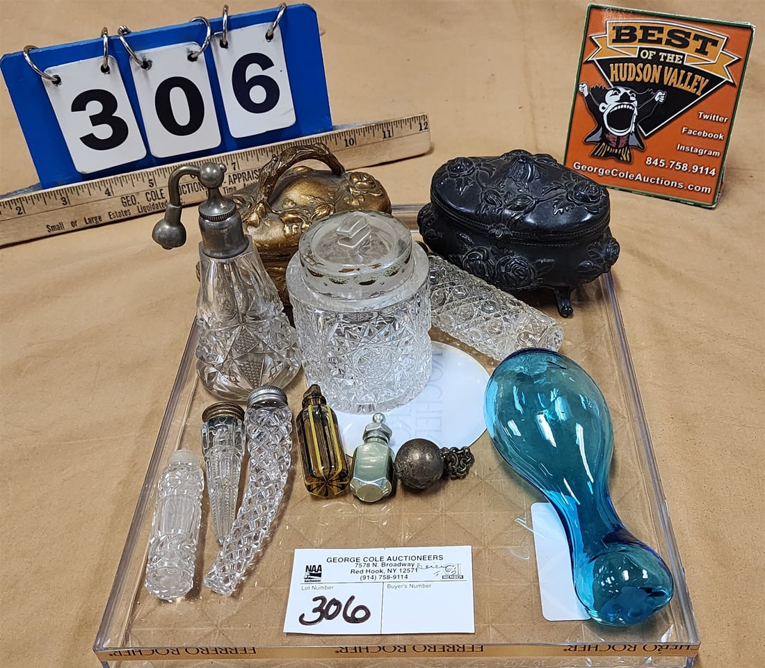 Tray Cut Perfume Bottles, Hand Blown Blue Glass Darning Egg + 2  Metal Dresser Bxs (1 of 2)