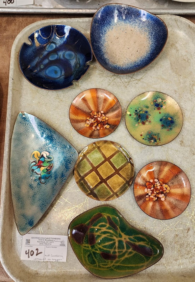 Tray 8 Mid Century Enamel On Copper Ash Trays, Sm Bowls (1 of 1)