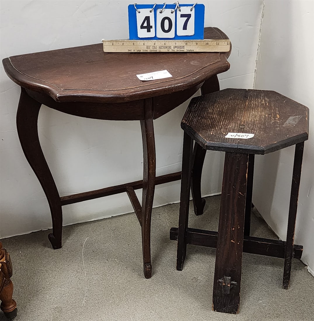 Walnut Demi Lune Stand 25"H X 23"W X 11 1/2"D + Oak Arts + Crafts stand 21"H X 12" Diam (1 of 3)