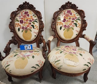 Vict Carved Walnut Gents + Ladies Chairs 43 'H X 26"W X 24"D + 44"H X 25 1/2"W X 24"D