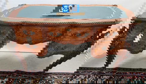 Fr Style Mahog + Burl Walnut Leather Top Desk W/ Ormolu Mounts 33"H X 55"W X 27 1/2"D