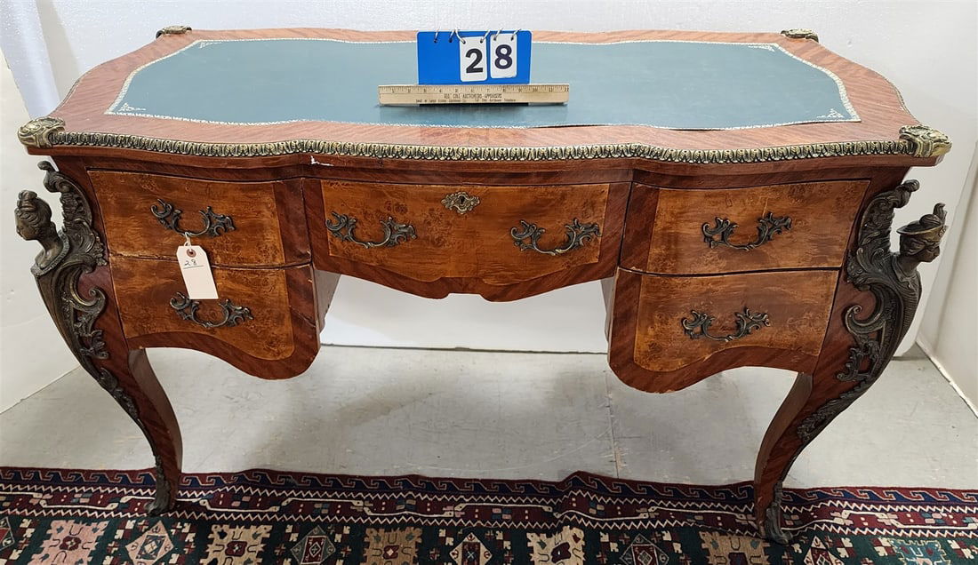 Fr Style Mahog + Burl Walnut Leather Top Desk W/ Ormolu Mounts 33"H X 55"W X 27 1/2"D (1 of 8)