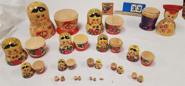 Tray 2 Russian Matryoshka Nesting Dolls 14 1/2"- 16 Pc + 13 1/2'- 1 Pc