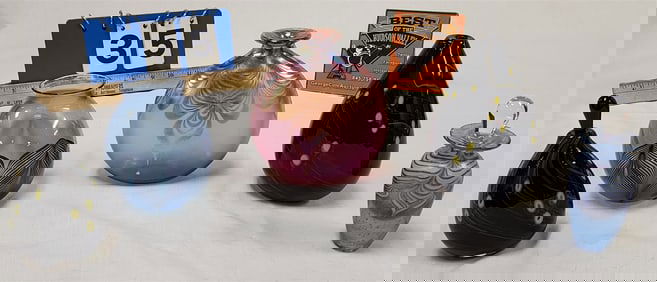 Tray 3 Art Glass Vases 6" + 4 1/2" + 2 Perfume Bottles 5"- All But 1 Sgnd