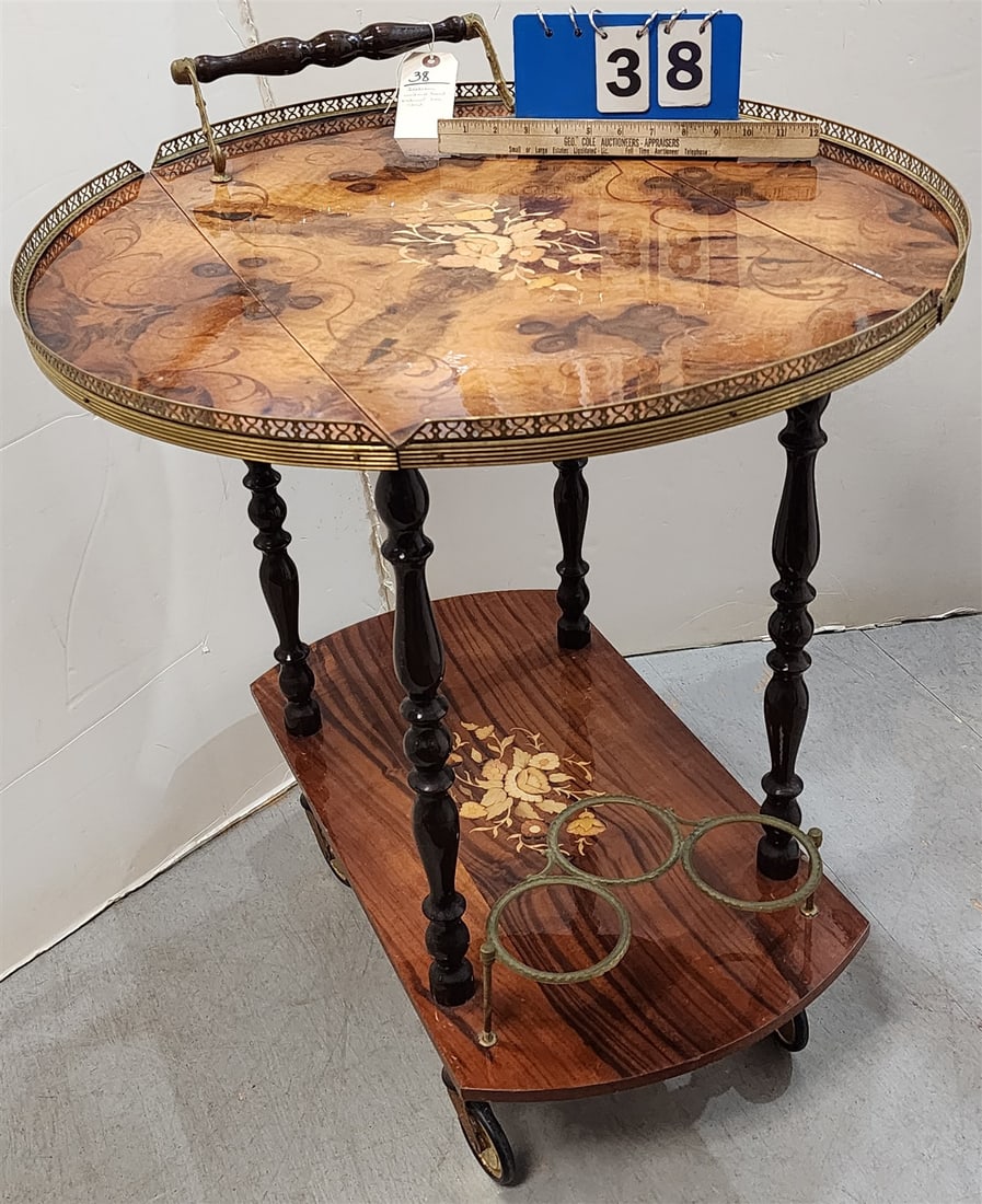 Italian Inlaid Burl Walnut Drop Leaf Bar Cart 28 3/4"H X 26"W X 15 1/2"D Closed- 26" Diam Open (1 of 7)