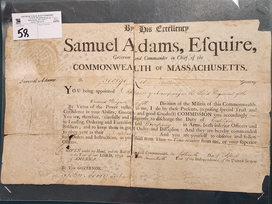 1796 Document Samuel Adams GovernorAnd Commander In Chief Of The Commonwealth Of Mass Sgnd By Lawyer: 1796 Document Samuel Adams GovernorAnd Commander In Chief Of The Commonwealth Of Mass Sgnd By Lawyer Samuel Adams + Governor John Avery 9" X 14 1/2"