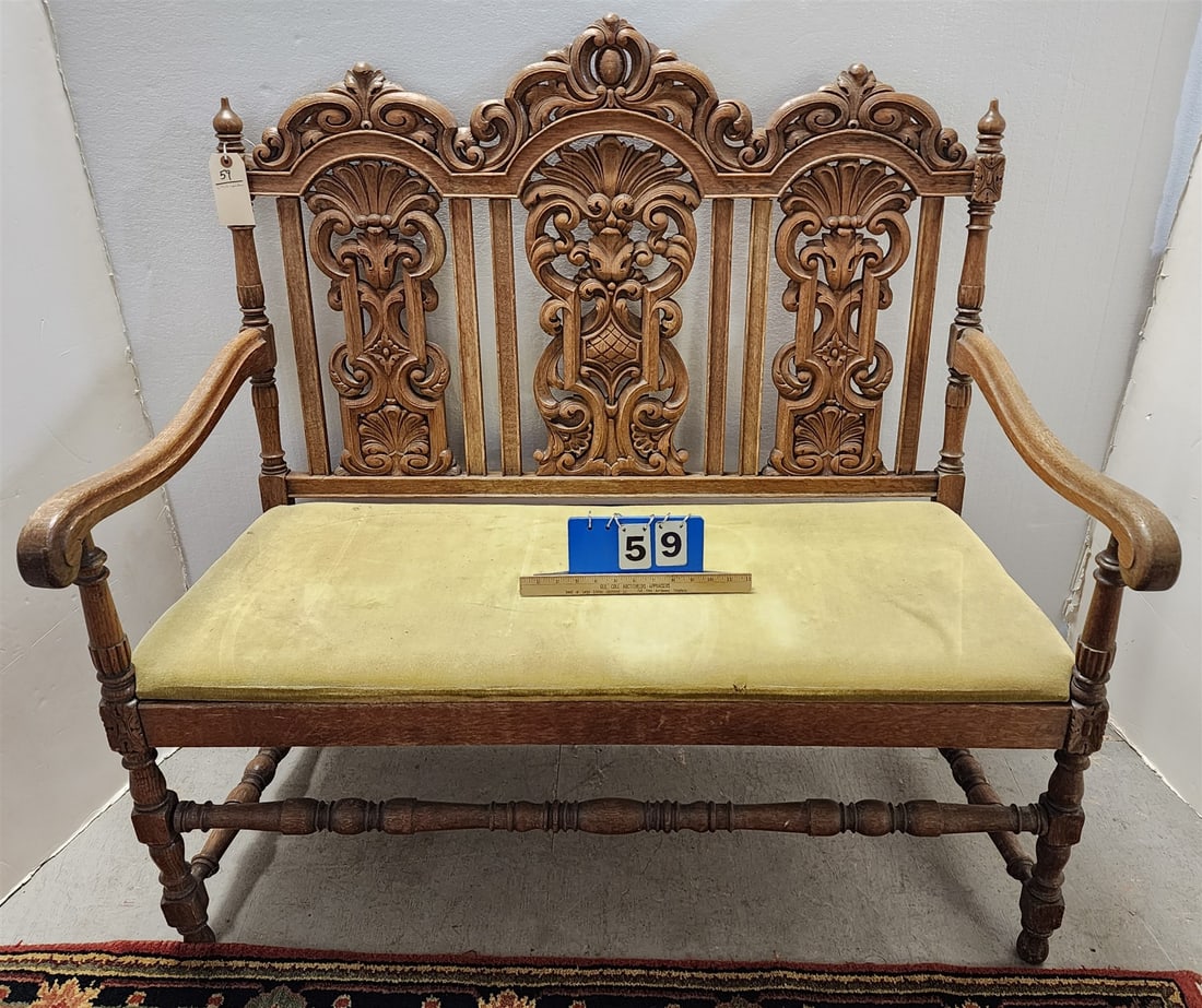 C1910 Carved Oak Bench 45"H X 46"W X 18"D (1 of 3)