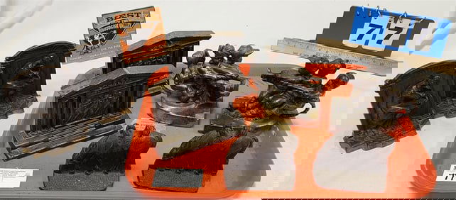 Tray 4 Pc Vintage Metal Book Ends Bronze Thinker, Cast Iron Horse, PM Craftsman Brass Tug Of War +