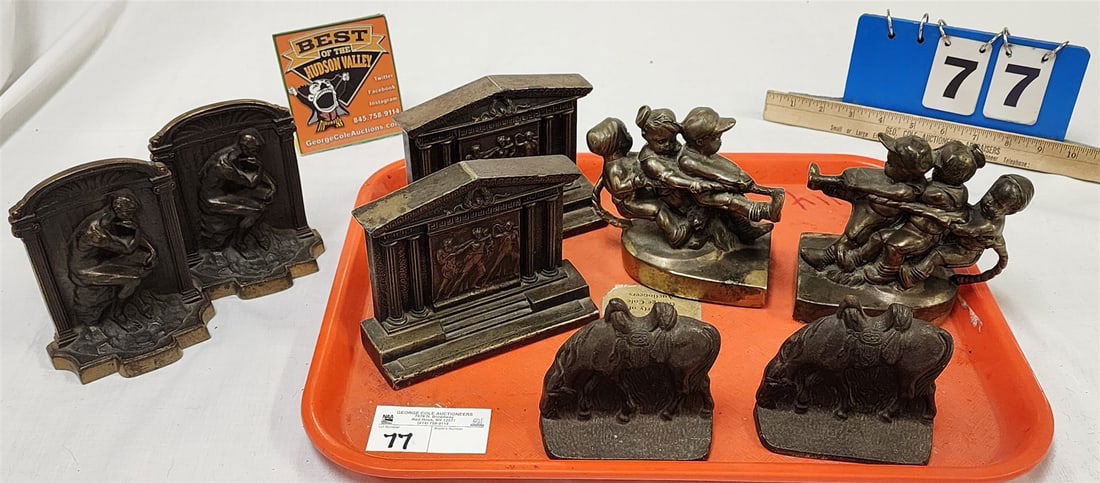 Tray 4 Pc Vintage Metal Book Ends Bronze Thinker, Cast Iron Horse, PM Craftsman Brass Tug Of War + (1 of 5)
