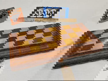 Carved + Inlaid Rosewood Birdseye Maple + Mahog Chess Board + Men 2 1/2"H X 18 1/2"W X 9"D Closed-