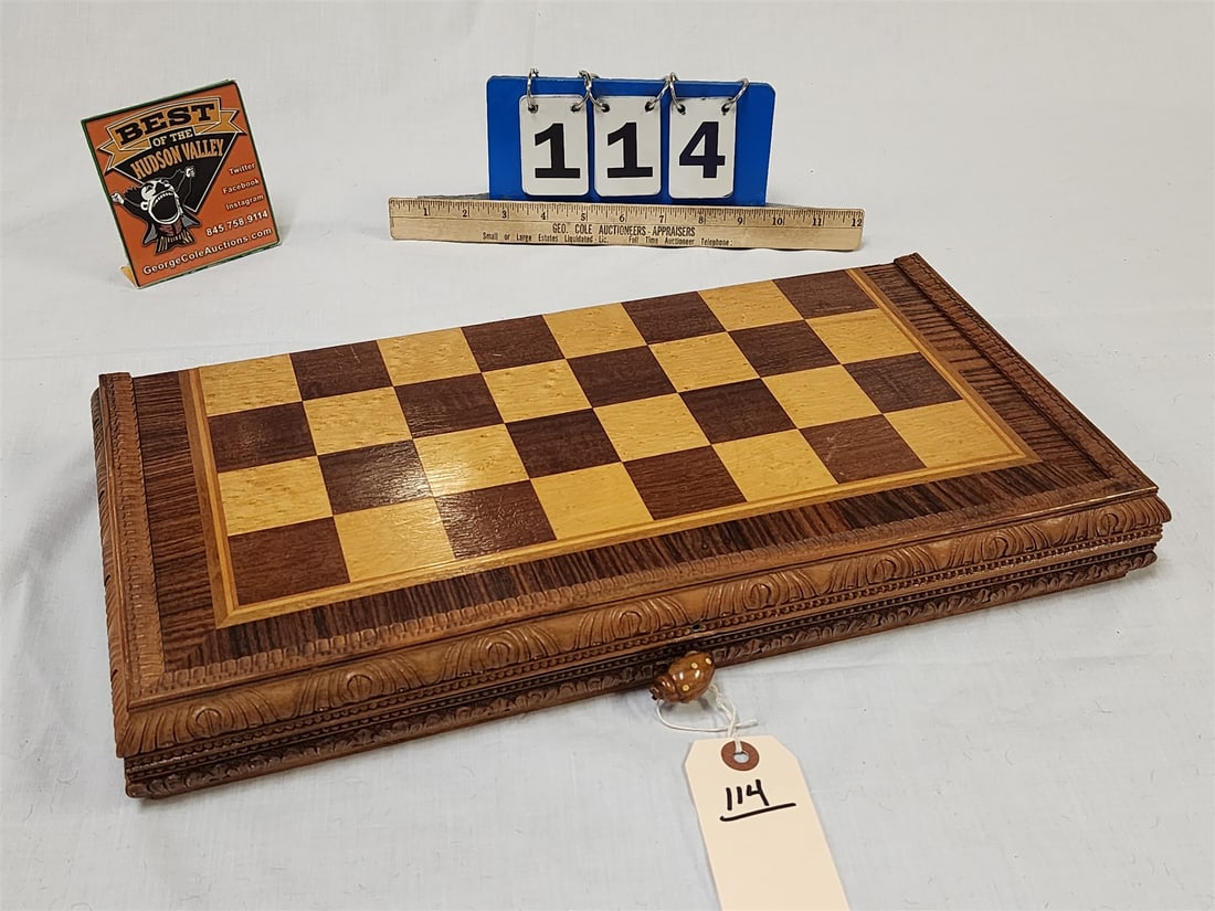 Carved + Inlaid Rosewood Birdseye Maple + Mahog Chess Board + Men 2 1/2"H X 18 1/2"W X 9"D Closed- (1 of 3)