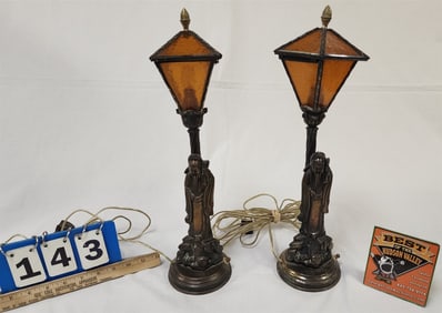 Pr Metal Asian Figure Lamps W/ Amber Glass Lanterns 17"