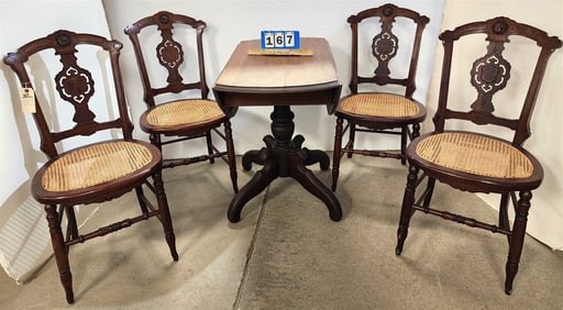 Vict Walnut Drop Leaf Ped Base Table 29"H X 33"W X 36"D Open W/ 4 Walnut Cane Seat Chairs