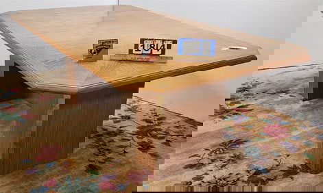 Mid Century Double Ped Oak Table W/ Brass Trim Designed By Jean Claude Mahey 29"H X 47"W X 86"L