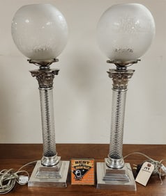 Pr Cut Glass Column Silverpllate Capitol + Base Table Lamps W/ etched Glasses 27"